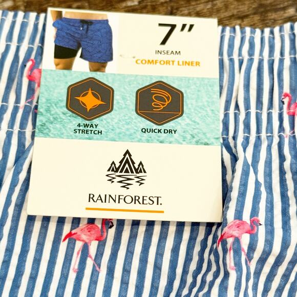 Rainforest Stripe Flamingo Print Seersucker 7" Swim Trunks Mens Size Small NWT - Picture 5 of 14